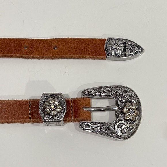 Women’s Genuine Brown Leather Western Belt Floral Buckle Gem Made in USA Cowgirl main image 6